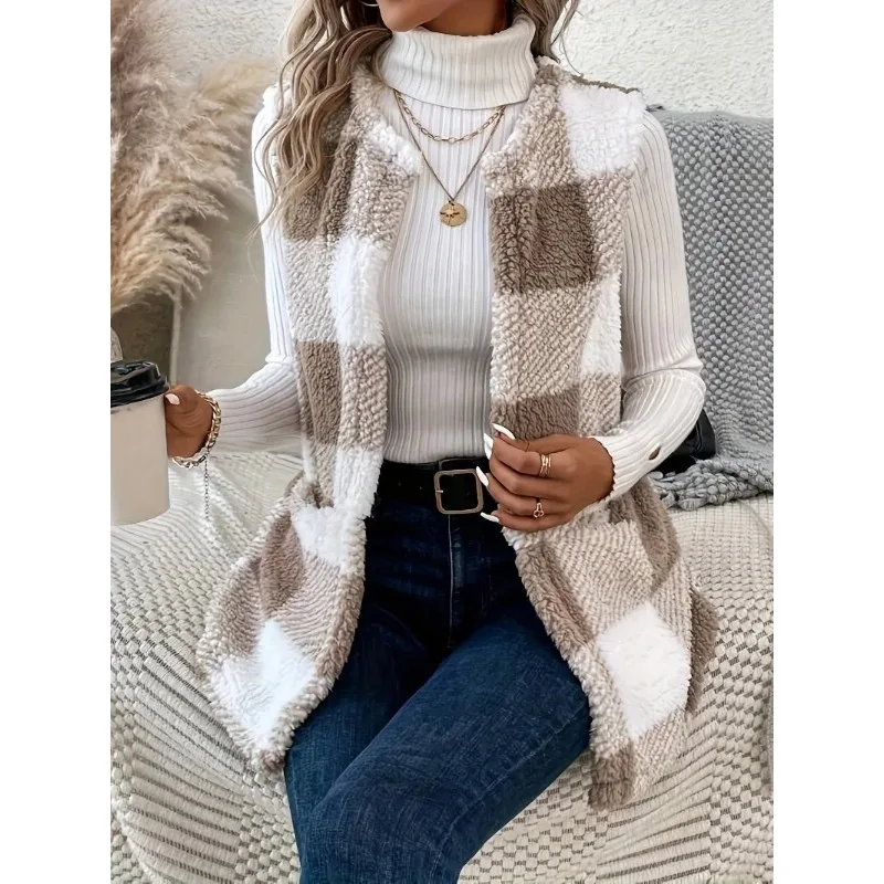 Plus Size 1XL-5XL Casual Jacket  Women\'s Plaid Print Teddy Fleece Open Front Round Neck Vest Jacket