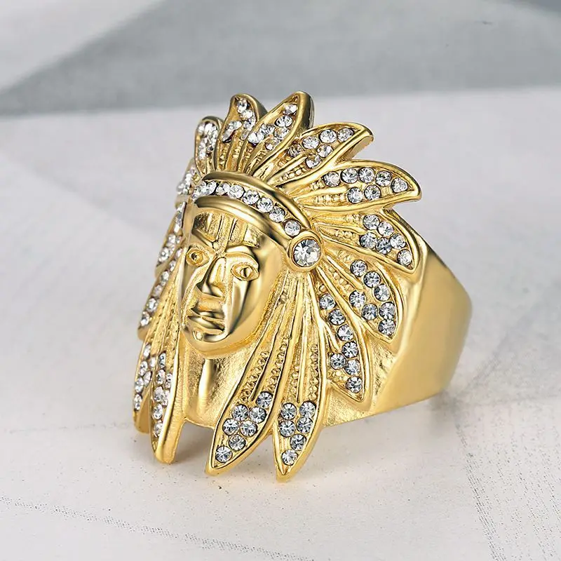 Men's Stainless Steel Indian Chief Ring, Gold Tone Hip Hop Rock Style