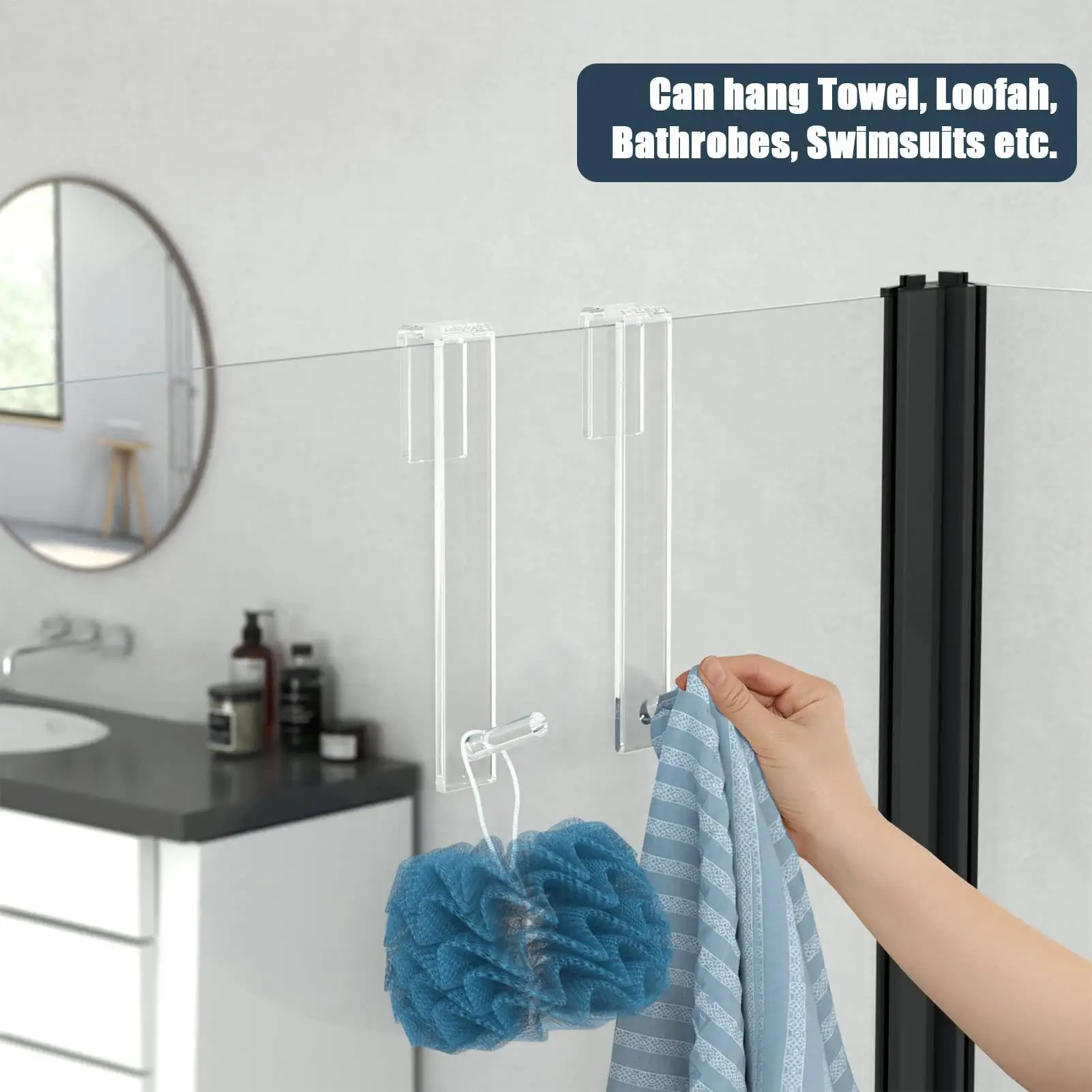 Acryl-Haken für Handtücher, Badezimmer-Türhaken, über der Dusche, Handtuchhalter ohne Bohren, schrumpfbare Öffnung, Kleiderbügel für Schlafzimmer