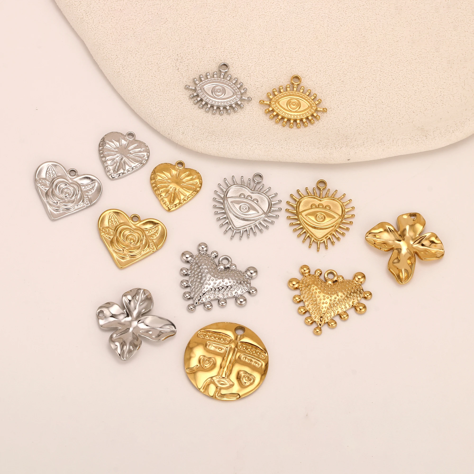 3Pcs Evil Eye/Boot/Rose Flower Heart Charms Lucky Amulet Stainless Steel Pedant for Jewelry Making Earring Necklace DIY Supplies