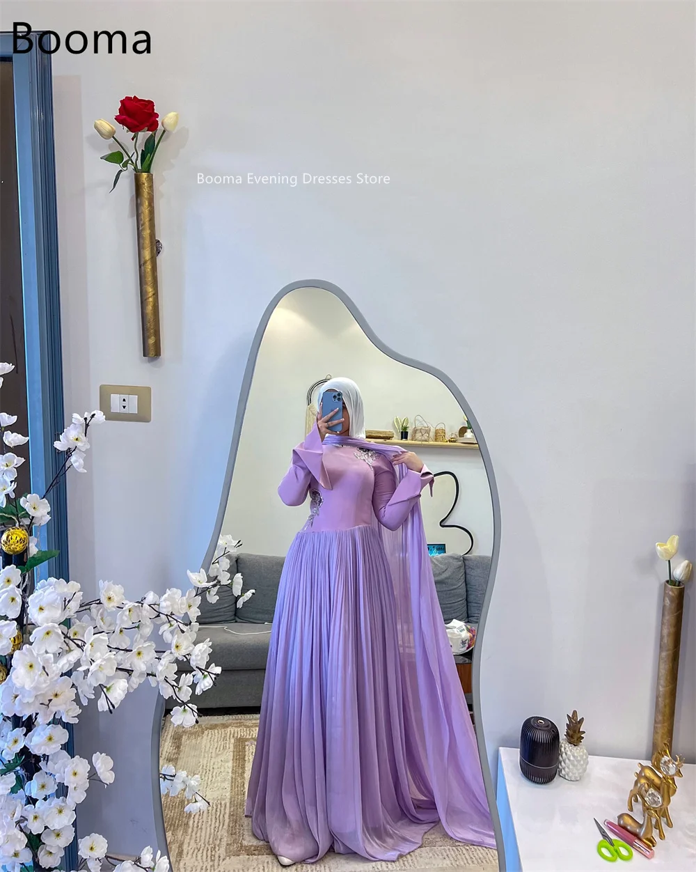 Booma فساتين أنيقة على شكل حرف a مطوي كم طويل رداء حفلات رسمي للنساء فستان حفلات بسيط في المملكة العربية السعودية تخصيص 2025