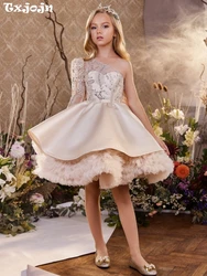 Fashionable One Shoulder Long Sleeve Dresses For Girls Stage Performance Glitter Sequined Beads Princess Gown Birthday Party