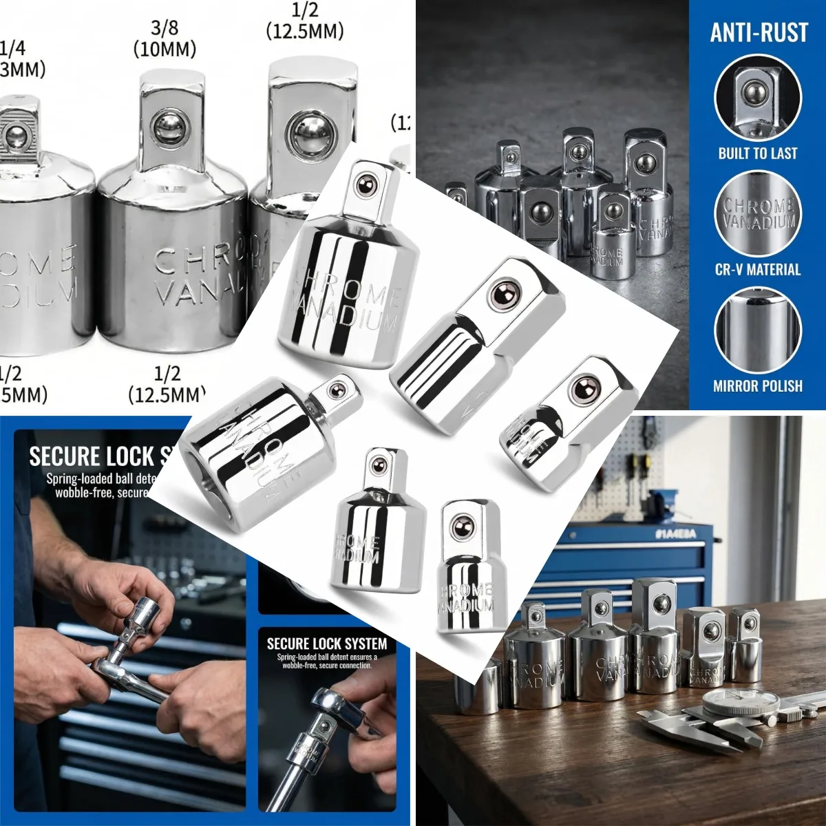 6 PCS Socket Adapter and Reducer Set, 1/4 to 3/8, 3/8 to 1/2, 1/4 to 1/2 Impact Ready, Premium Chrome Vanadium Steel Ratchet/Soc