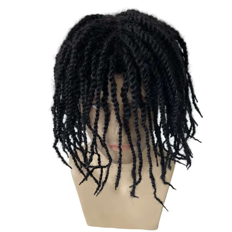 Indian Maagdelijk Menselijk Haar Vervanging #1 Gitzwarte Kleur Afro Twist Vlechten Toupetje Full Lace Unit Voor Zwarte Mannen