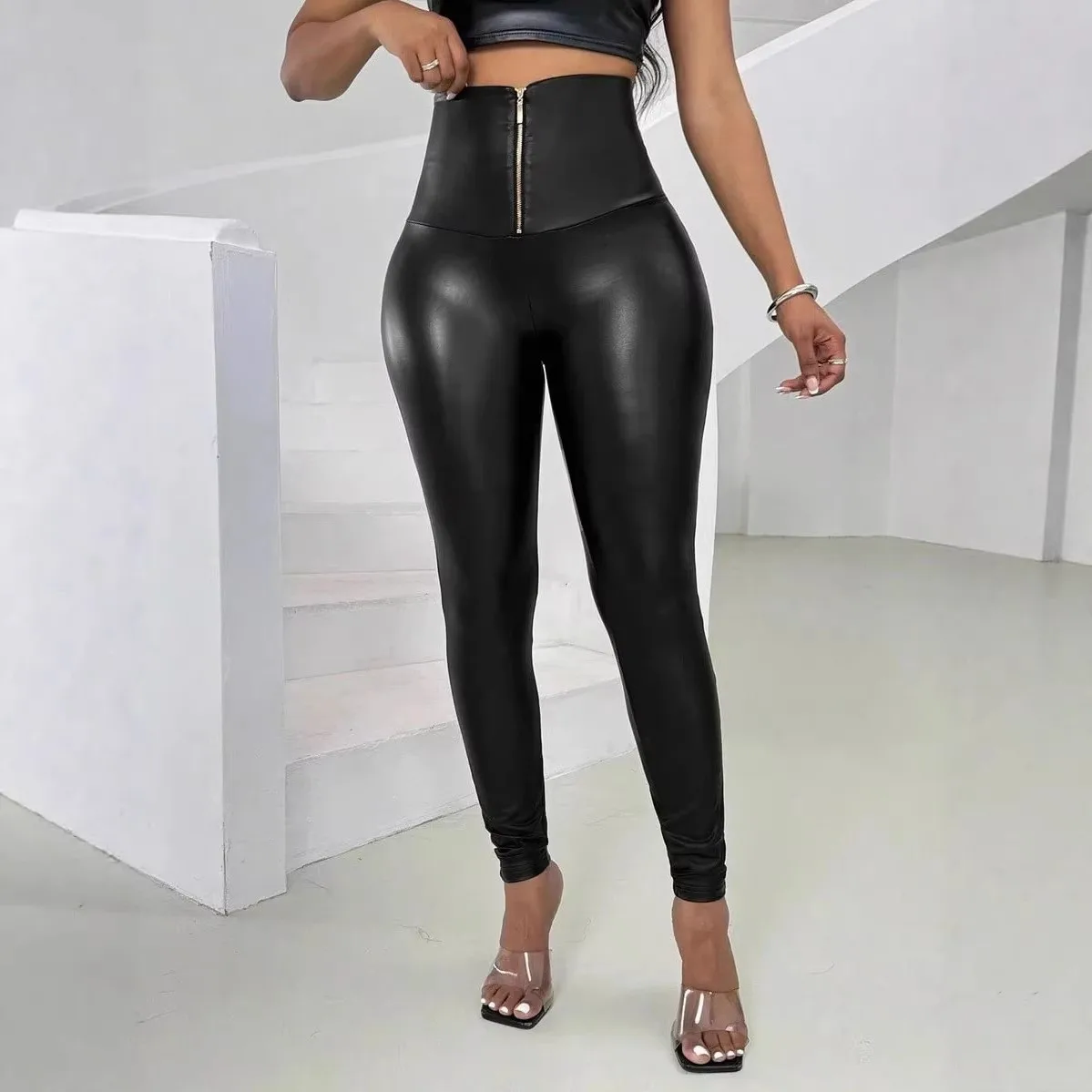 

Женские кожаные леггинсы с высокой талией и молнией, обтягивающие, с эффектом пуш-ап, сексуальные брюки-скинни