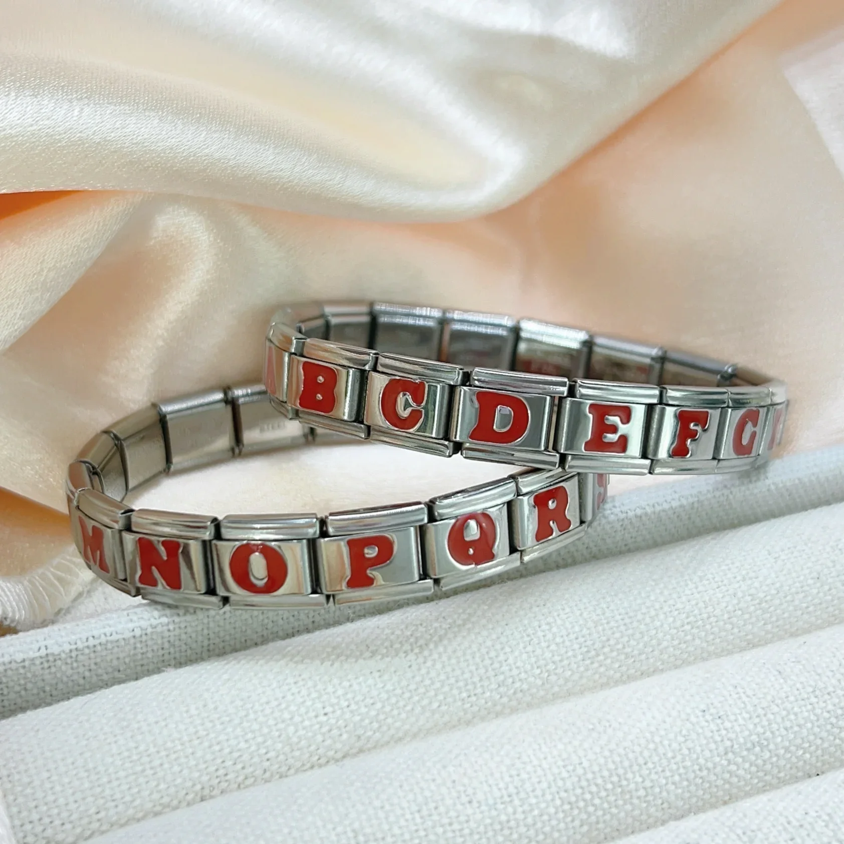 2024 Women Fashion Red English Letters Elastic Charms Italian Links Fit 9mm Modular Stainless Steel Bracelet Making Jewelry