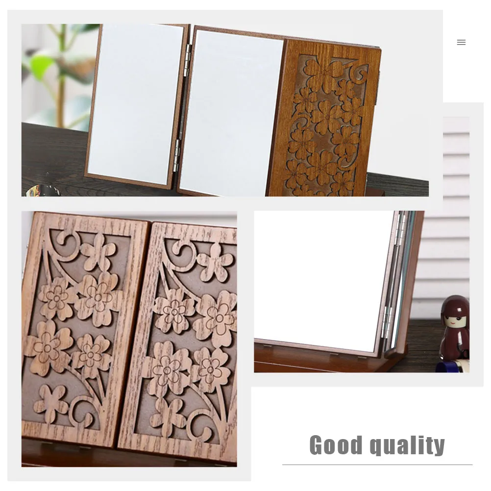 

1pc Home Use Desktop Cosmetics Foldable Design Makeup Desk Wood Carving Pattern Foldable Three Side Makeup Mirror For Women