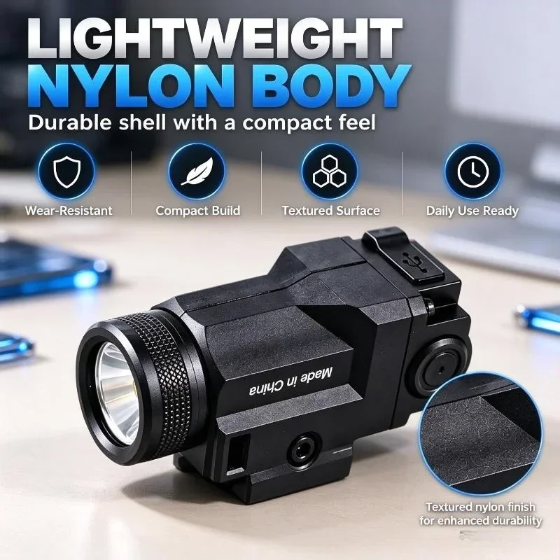 Compact Nylon 20mm Rail Mount LED Flashlight, Built-in Battery USB Charging, Night Outdoor Toy Model Accessory