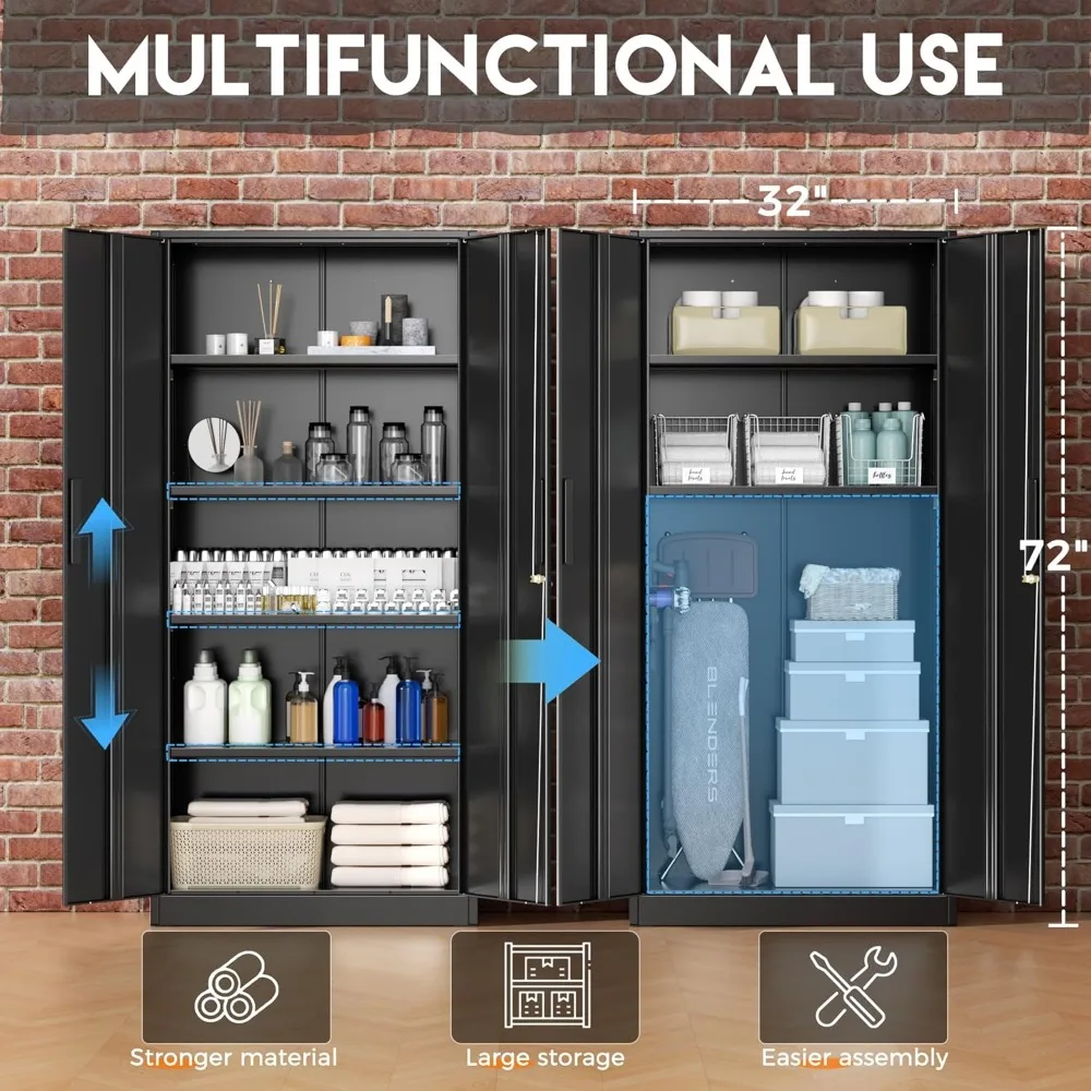 خزانة تخزين معدنية سوداء بطول 72 بوصة مع أبواب قابلة للقفل وأرفف قابلة للتعديل لتخزين المرآب والأدوات
