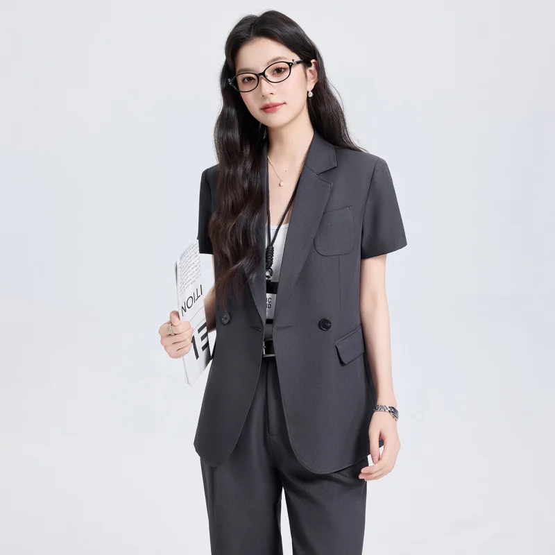 2026New gray short-sleeved blazer for women, summer thin slim-fit double-breasted light business suit for job interviews