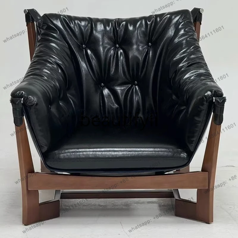 

Genuine Leather Single Sofa Vintage Oil Wax Leather Solid Wood Lounge Chair Natural Wood Recliner Sofa