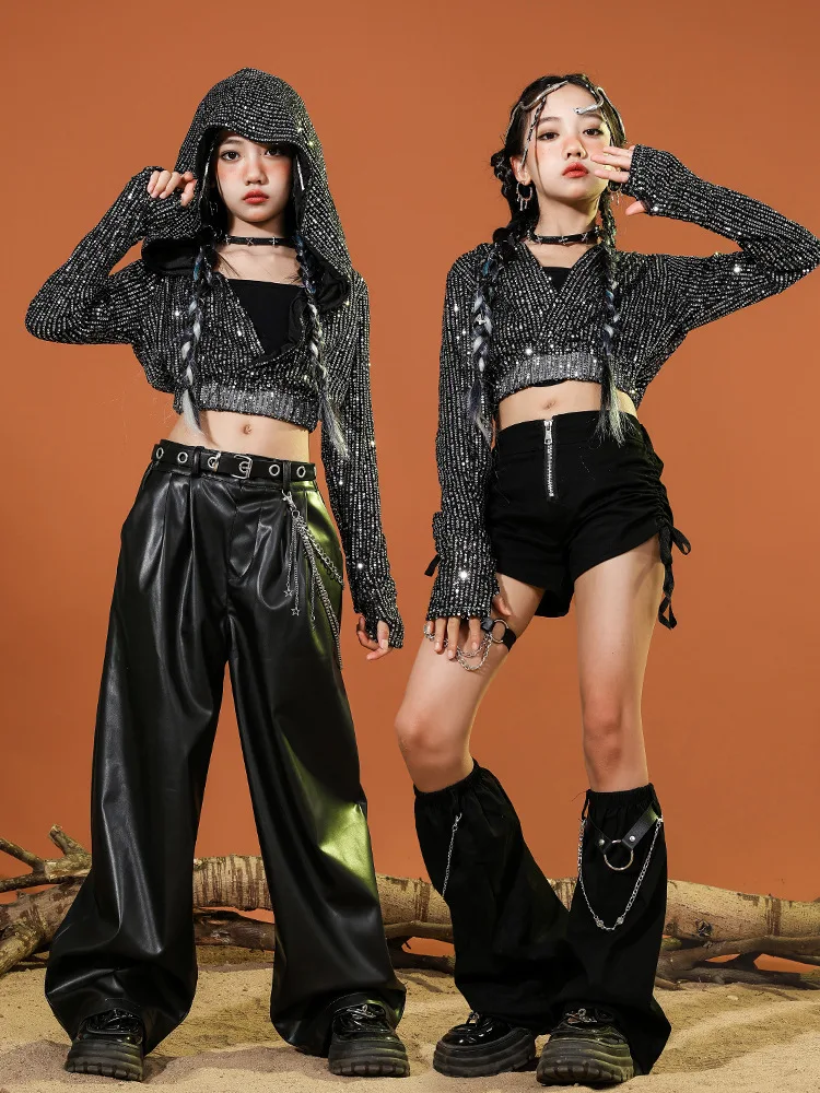หญิงแจ๊สHip Hop Danceเครื่องแต่งกายเลื่อมHooded Jacketกางเกงหนังเด็กHoodieกางเกงขาสั้นชุดเวทีแฟชั่นแสดงเสื้อผ้า