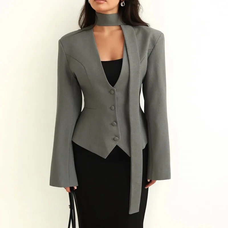 Lady Casual Slim Commute Coat 2025 Single Breasted Coat Women's V Neck Scarf With Long Sleeve Waist-Cinching Blazer Jacket