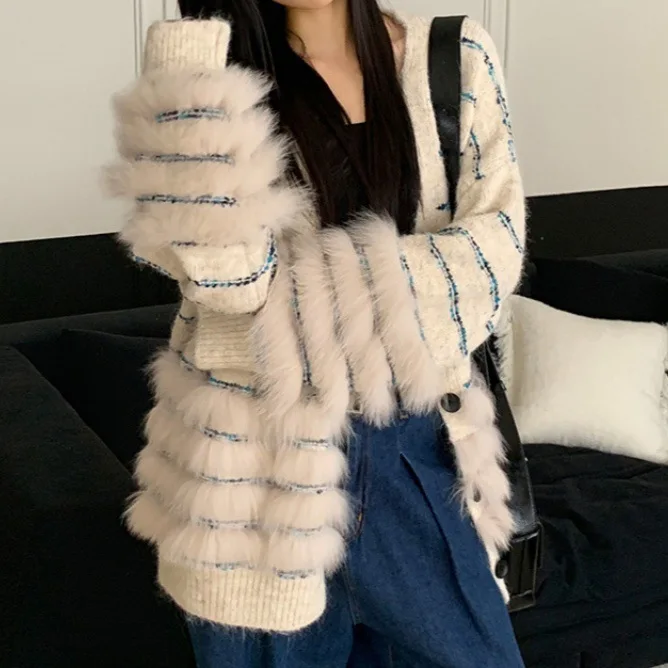 Women Knitted Cardigan Sweaters Patchwork Jumpers V Neck Button Long Sleeves Mid Length Casual Office Lady 2025 Autumn Winter