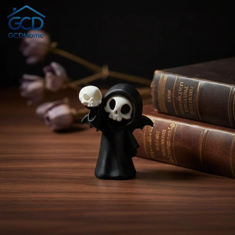 Mini Grim Reaper Resin Figure With Wings, Kawaii Skeleton Statue Holding Skull, Gothic Desktop Ornament For Halloween Party