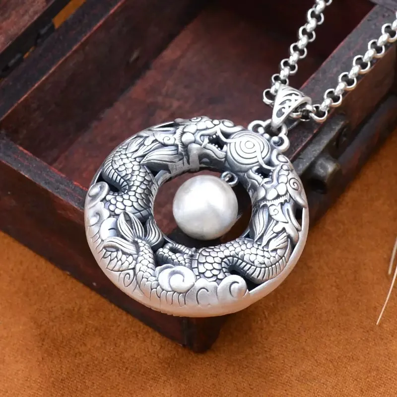 Double Playing with Pearls Peace Personalized Retro New Sweater Chain Long Necklace Pendant Women and Men