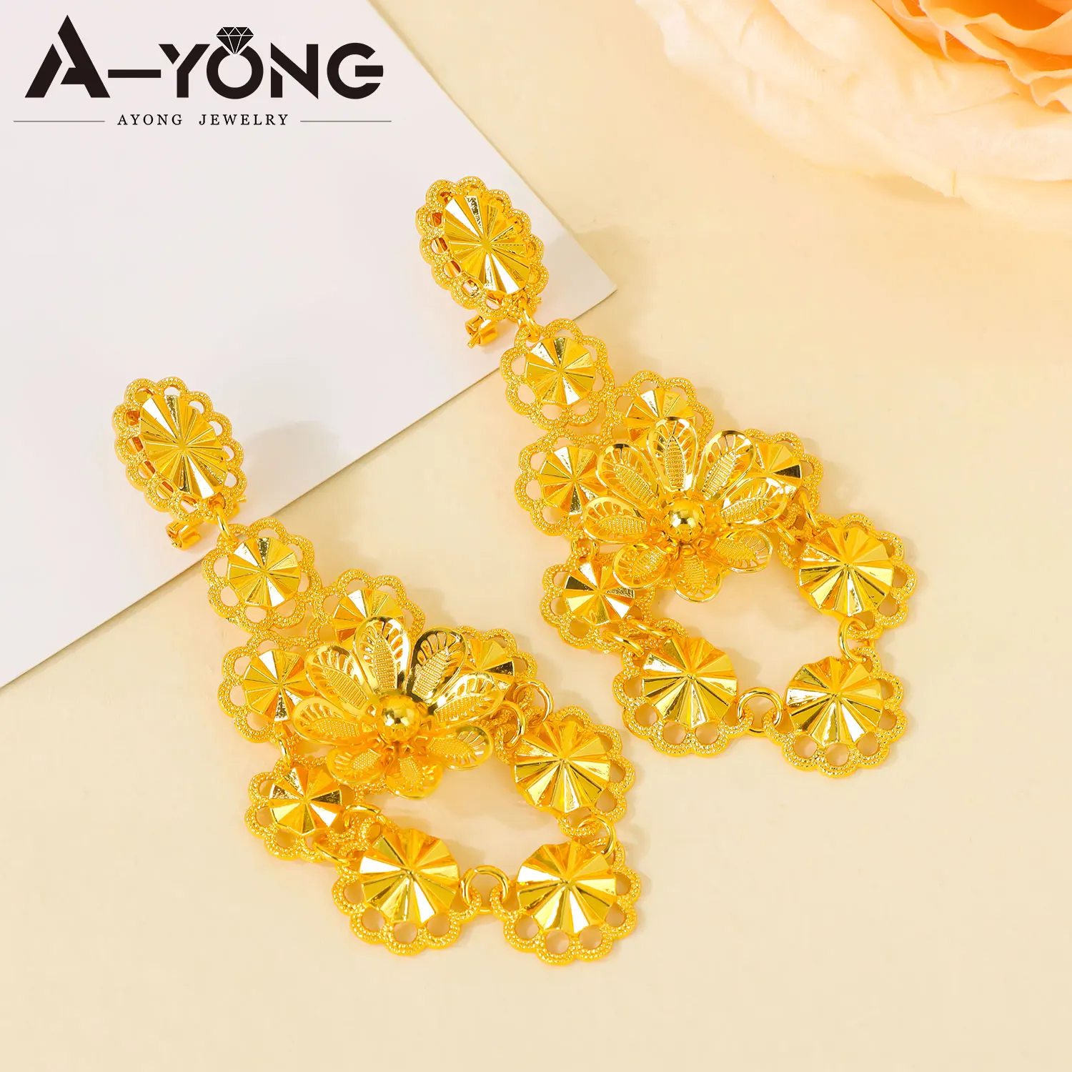 Luxuriöses Äthiopisches Brautschmuck-Set in Dubai-Goldfarbe mit Blumenmuster, Halskette und Ohrringe für Nigerianische Frauen, Event- und Party-Schmuckgeschenke – Detail 6