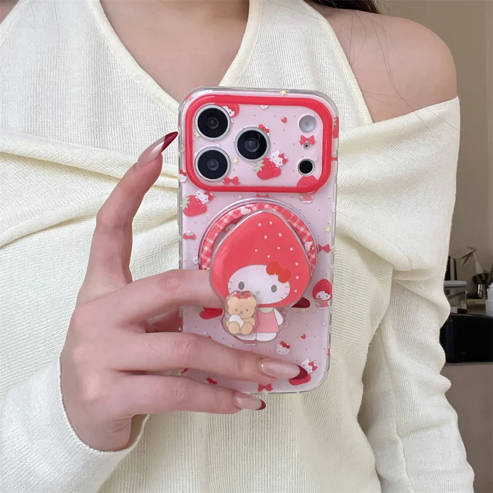 

Cute Strawberry Hellokitty Magnetic Phone Case for iPhone 17Pro 15 14 13 16 Pro Max Cover With Magsafe Stand Kawaii Cartoon Case