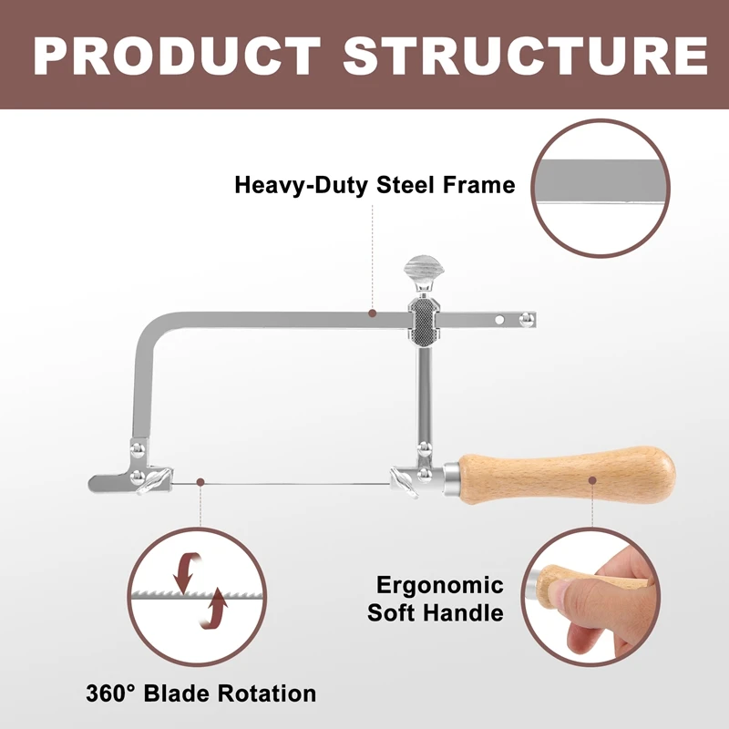 ABMO Coping Saw โครงเหล็กและเลื่อยลวดเส้นผ่านศูนย์กลาง 1 มม. 12 ชิ้น การตัดที่แม่นยําสําหรับไม้ โลหะ พลาสติก ฯลฯ