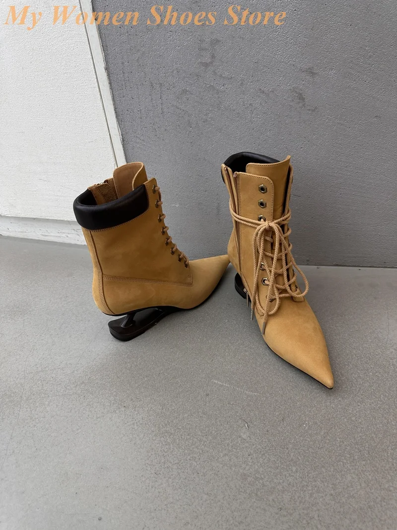مدبب تو غريب نمط كعب الجوارب الدانتيل يصل سستة البني موضة الكاحل 2025 النساء الأحذية الصورة الحقيقية رائجة البيع المدرج الأحذية #2
