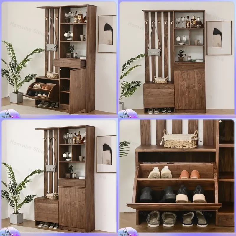 Nordic Solid Wood Shoe Cabinet Foyer Entryway Storage Bench Black Walnut Hallway Partition Screen Console Table Modern Home