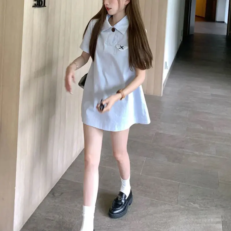 

Preppy Style Striped Summer Mini Dress Short Sleeve Female Clothing Turn-down Collar Button Stylish Lace Spliced Bow Shirtdress
