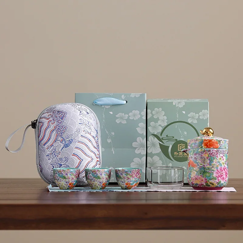 Colorful Luxury Tea Ceremony Set Camping Gift Palace Style Enamel Travel Tea  Outdoor Portable Car Travel Small