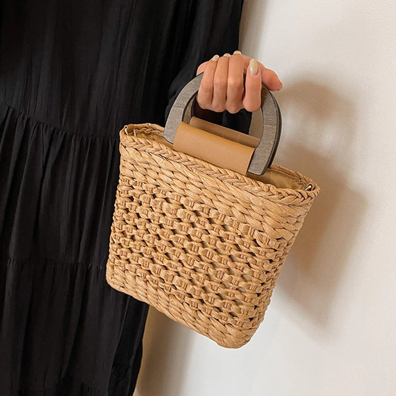 Strohtaschen Sommer Damen Tragetaschen Designer Handtaschen Geldbörse Weben Kordelzug Holzgriff Strand Umhängetasche