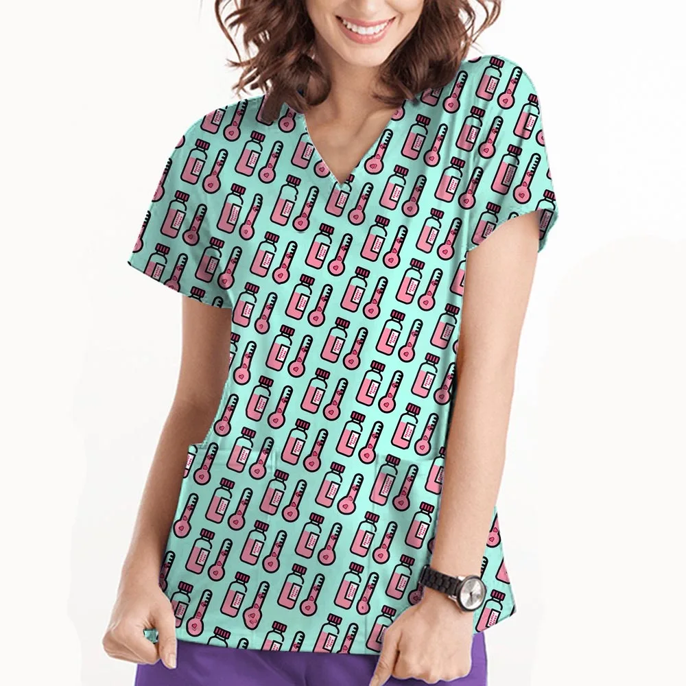 عيادة الحيوانات الأليفة الطبيب البيطري زي العمل النساء ممرضة الملحقات الحيوان المطبوعة مستشفى طبيب التمريض تي شيرت الدعك الطبية الملابس القمم #6