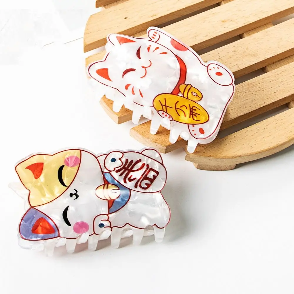 Japanese Style Acetate Lucky Cat Hair Claw Attract Luck Cartoon Cat Large Shark Clip Hair Clips Ponytail Holder