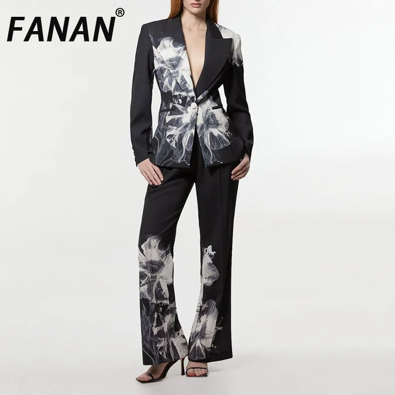 

FANAN Temperament Print 2 Piece Set Women's Single Button Gathered Waist Blazers+high Waist Straight Slim Pants 2025 Autumn New