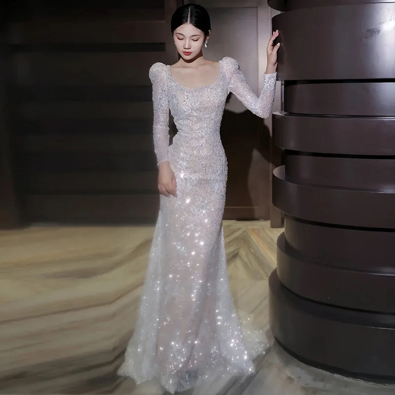 Fishtail luz vestido de casamento manga longa nupcial high-end fio de boas-vindas lantejoulas es estilo fotopolitan luz luxo banque anfitrião dre