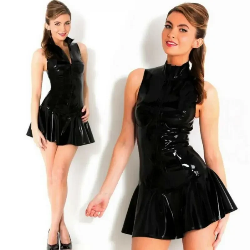 

S-XXL Top Quality Lady Sexy PVC Leather Latex Dress Sleeveless With Zipper Bodycon Catsuit Bondage Clubwear Pole Dance Costume