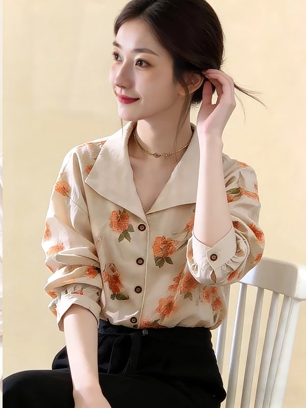 

Женская блузка с длинным рукавом и цветочным принтом в стиле ретро, уникальный дизайн, модный повседневный топ, дышащий, приятный для кожи