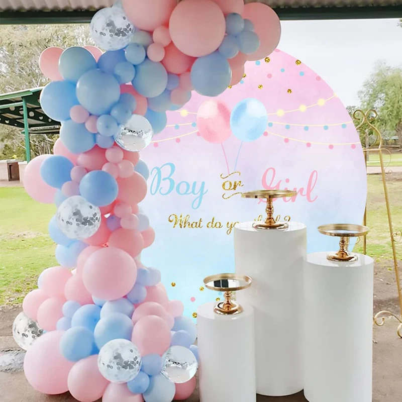 

Gender Reveal Party Round Backdrop Pink Blue Balloons Spots Boy Or Girl What Do You Think Photography Background Banner Decor