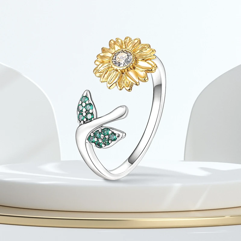 

Original 925 Sterling Silver Sparking Sunflower Open Rings For Women Girls Jewelry Birthday Anniversary Gifts