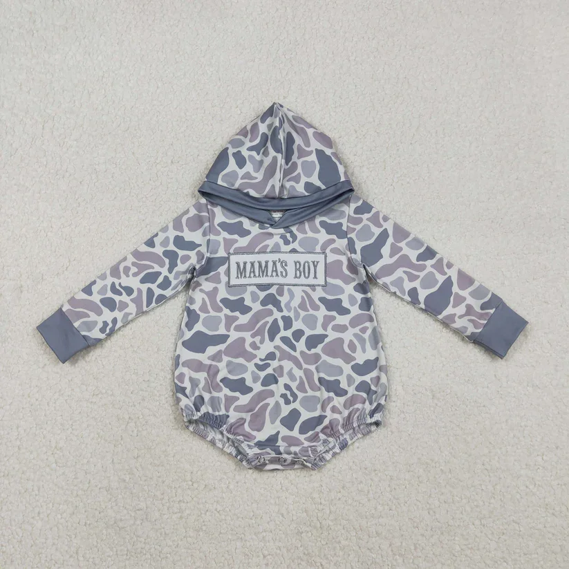 

MAMA'S BOY Embroidery Grey Camo Print Baby Boys Hoodie Romper