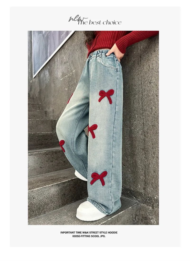 Winter-Jeans aus Lammfell für Mädchen, 4-14 Jahre, Teenager-Mädchen, Jeanshose mit integrierter Schleife und Fleece, lockere Herbst-Jeanshose für junge Mädchen – Detail 13