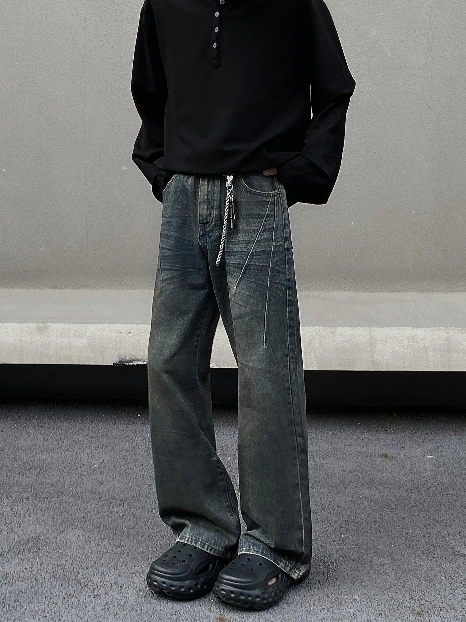 

Retro American Dir Dyed Loose Fit Men's Jeans Vintage Waed Wide Leg Pants High Waist Bell Bot Youthful Trend