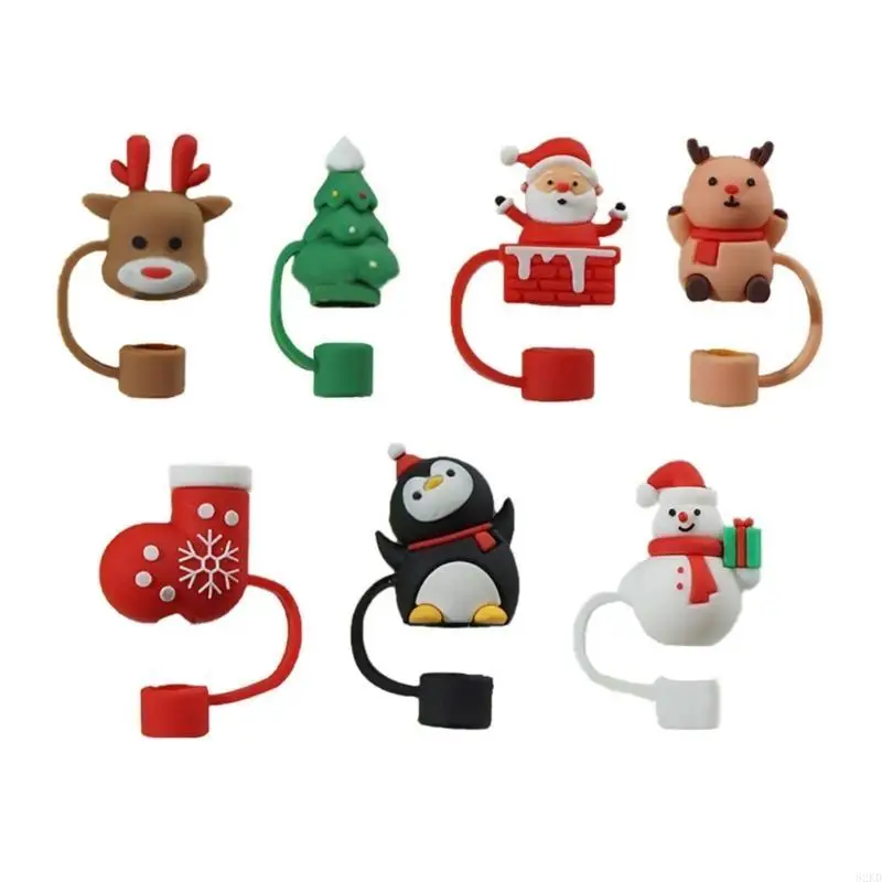 62KD 7pcs Reusable Silicone Straw Covers Cap Christmas Cartoon Straw Toppers for Cup