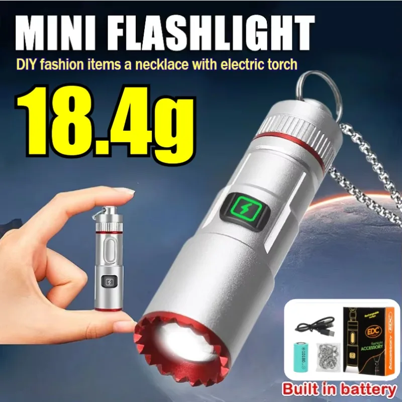 Mini Pocket LED Flashlight Necklace Keychain Flashlight 5 Lighting Mode USB Rechargeable Portable Camping Fishing LED Zoom Torch