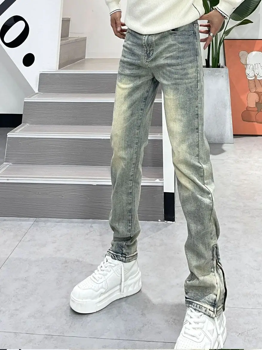 

Мужские джинсы в стиле ретро: модные, зауженные, с эффектом потертости, микро-клеш, молодежные, для повседневной носки