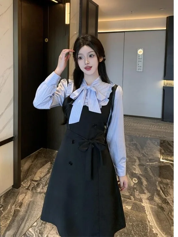 

plus Size Women's Blue Striped Knot Fake Two-Piece Dr Autumn New Waist-Cinching A-Line Long Dr Commute Sle