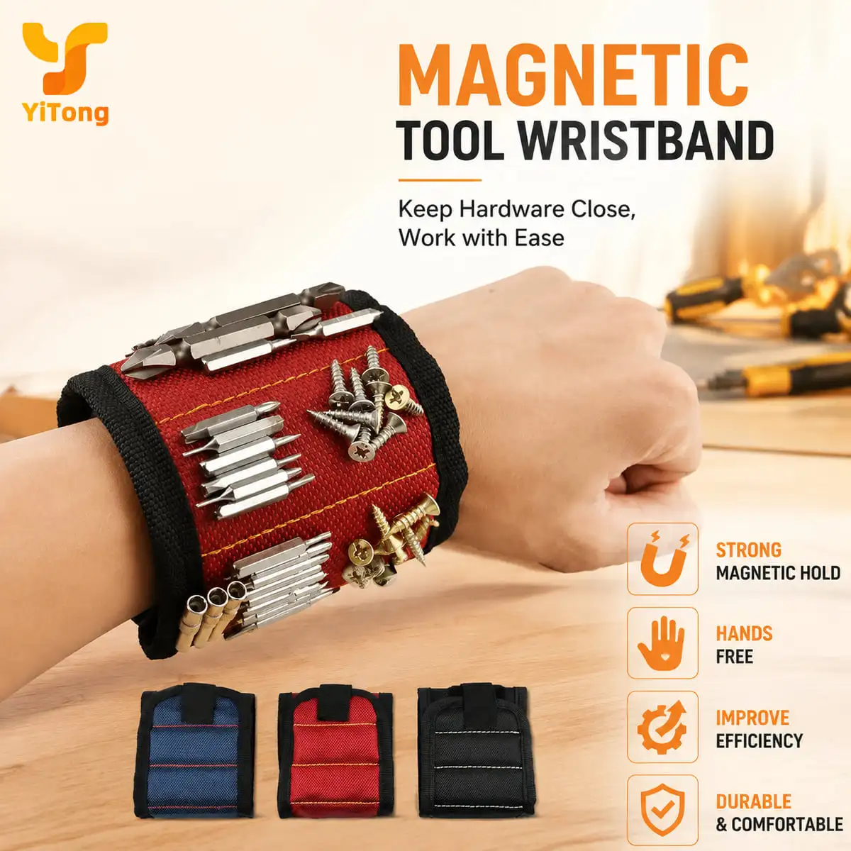 Yitong Magnetic Tool Wristband Adjustable Hands Free Screw Holder for Home Furniture Woodworking Electrical Repair Projects