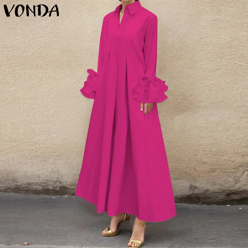 

Women VONDA Bohemian Shirt Dress Ruffle Pleated Maxi Long Dress 2025 Casual Loose Solid Sundress Elegant Long Sleeve Robe