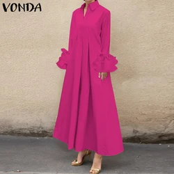 Women VONDA Bohemian Shirt Dress Ruffle Pleated Maxi Long Dress 2025 Casual Loose Solid Sundress Elegant Long Sleeve Robe