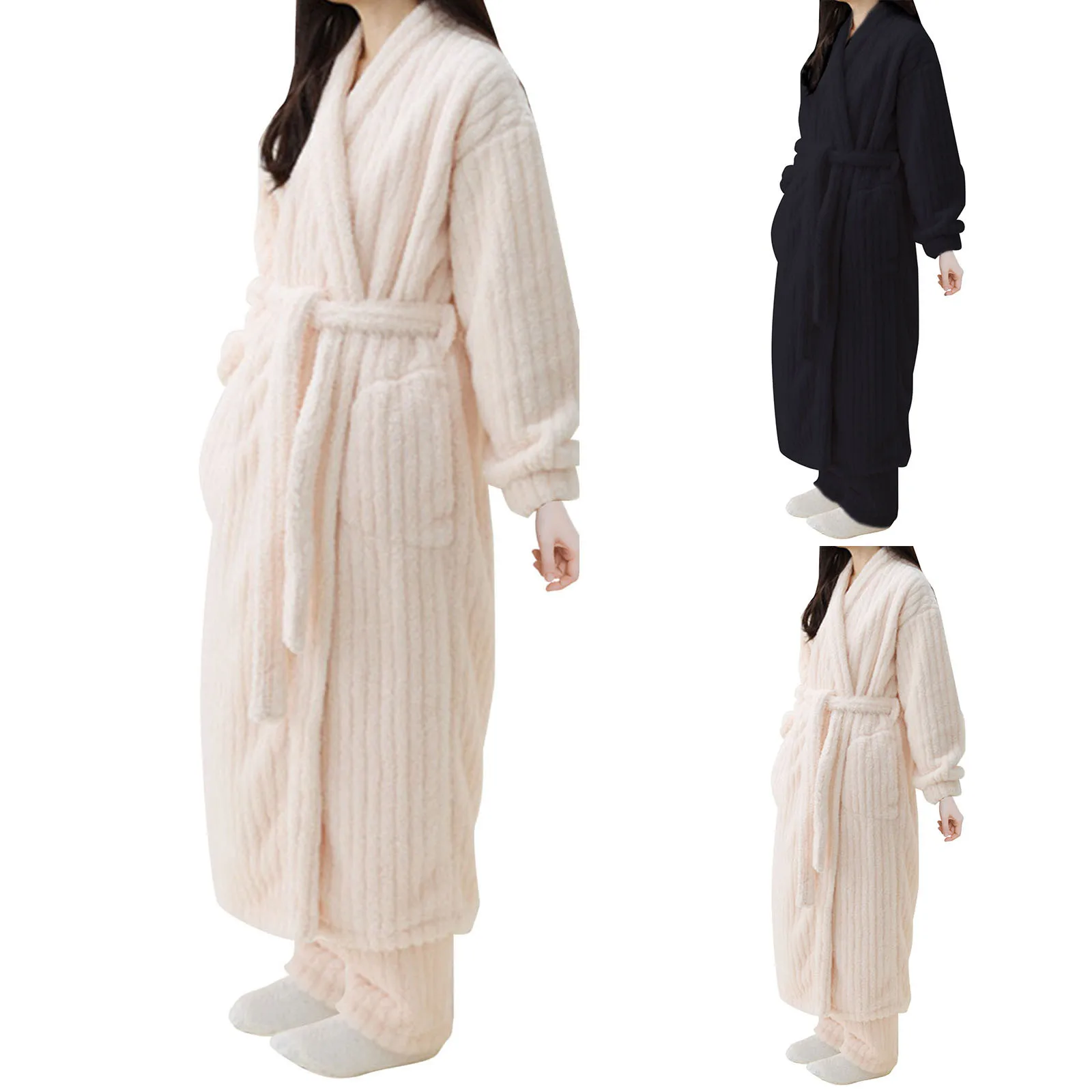 Winter Coral Fleece Pajama Sets Women Long Bathrobe Sweet V-neck Long Sleeve Warm Sleepwear Thick Casual Cardigan Sleepwear Robe