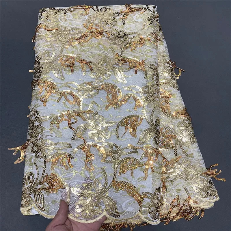 

5 Yard Hot Selling French Lace With Sequins African Tulle Cord Guipure Lace Net Embroidered Fabric For Wedding Party PS012602