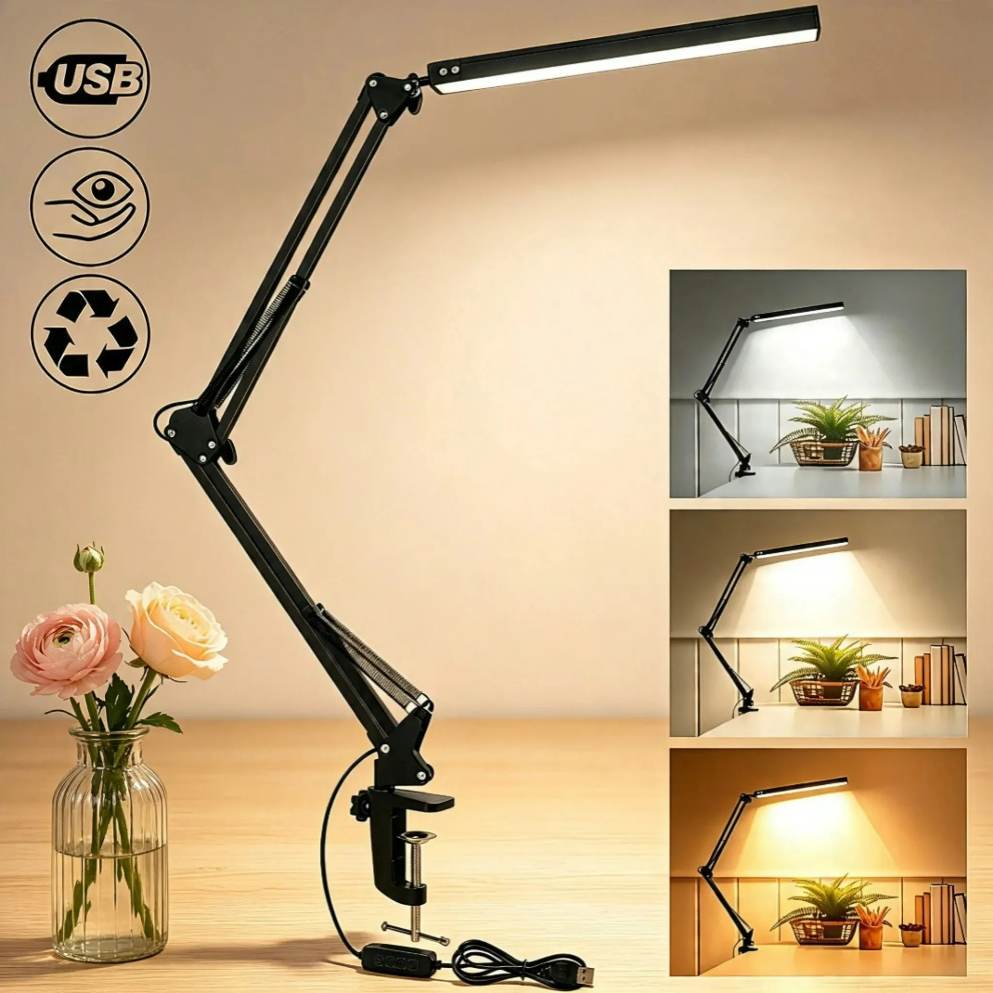 LED Desk Lamp with Clamp 10W Swing Arm Desk Lamp Eye-Caring Dimmable Desk Light with 10 Brightness Level, 3 Lighting Modes