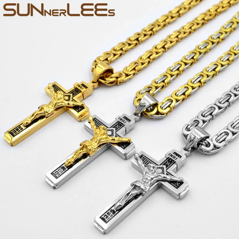 

SUNNERLEES Stainless Steel Jesus Christ Cross Pendant Necklace Byzantine Link Chain Silver Color Gold Plated Men Boy SP249